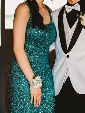 Aleta Teal Blue Sequin Open Back Formal Gown Size 2